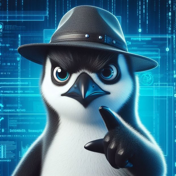 Pinguim detetive apontando, sobre painel de dados